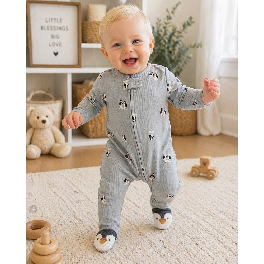 Carter’s Just One You Newborn Penguin Footed Sleeper NWT Gray Zip Pajamas Baby